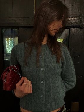 NWT Doen Penrose Alpaca Wool Button Cable Knit Sweater Cardigan Top Spruce Green